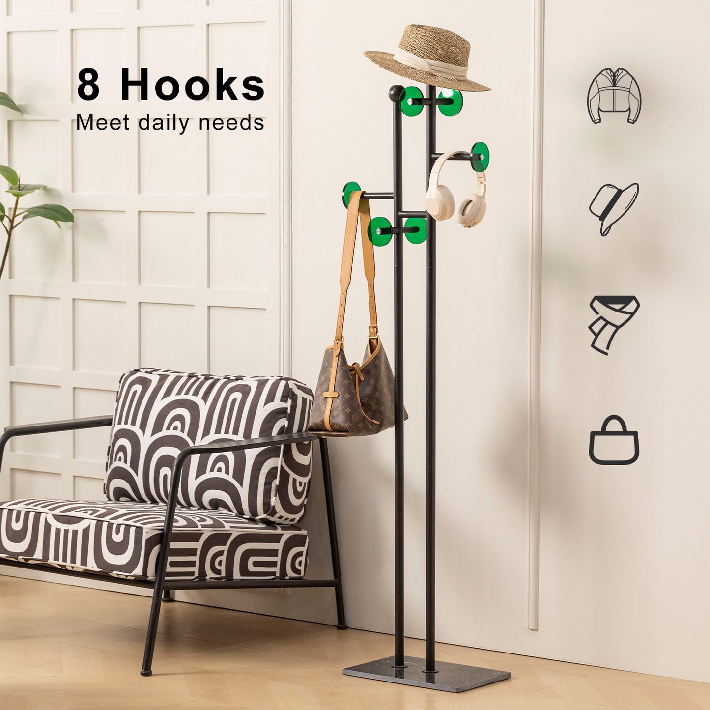 JIAYUEJU Metal Coat Rack Freestanding Clothes Rack with Square Marble Base & Acrylic Hooks Hanging Clothes Rack for Entryway Bedroom Living Room Hotel 14.96 x 10.24 x 68.9 Inches