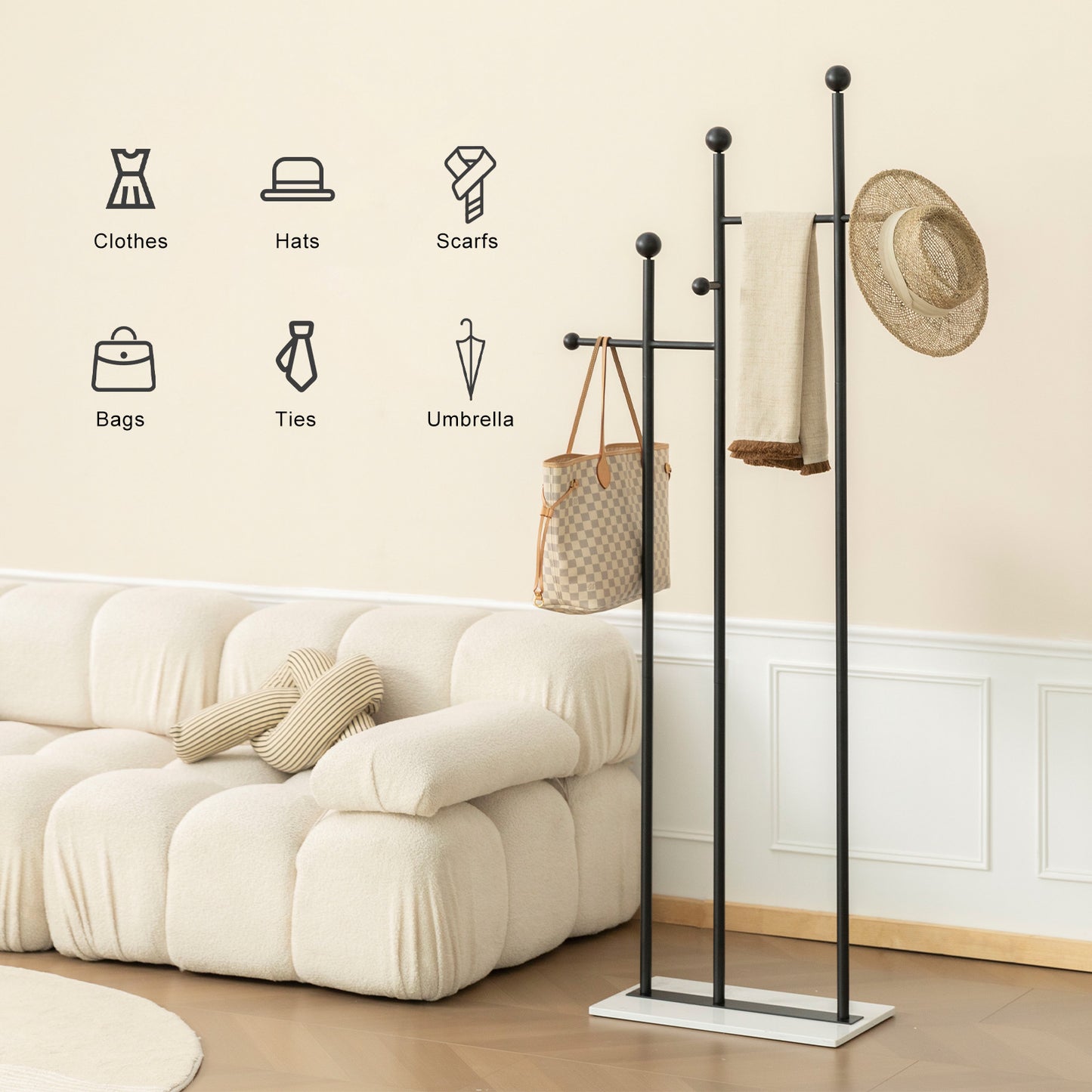 JIAYUEJU Standing Coat Rack with Marble Base Heavy Duty Clothes Hanger Rack Metal Coat Tree Hat Rack Stand for Clothes Hats Scarfs Purses 19.69 x 11.02 x 68.9 Inches