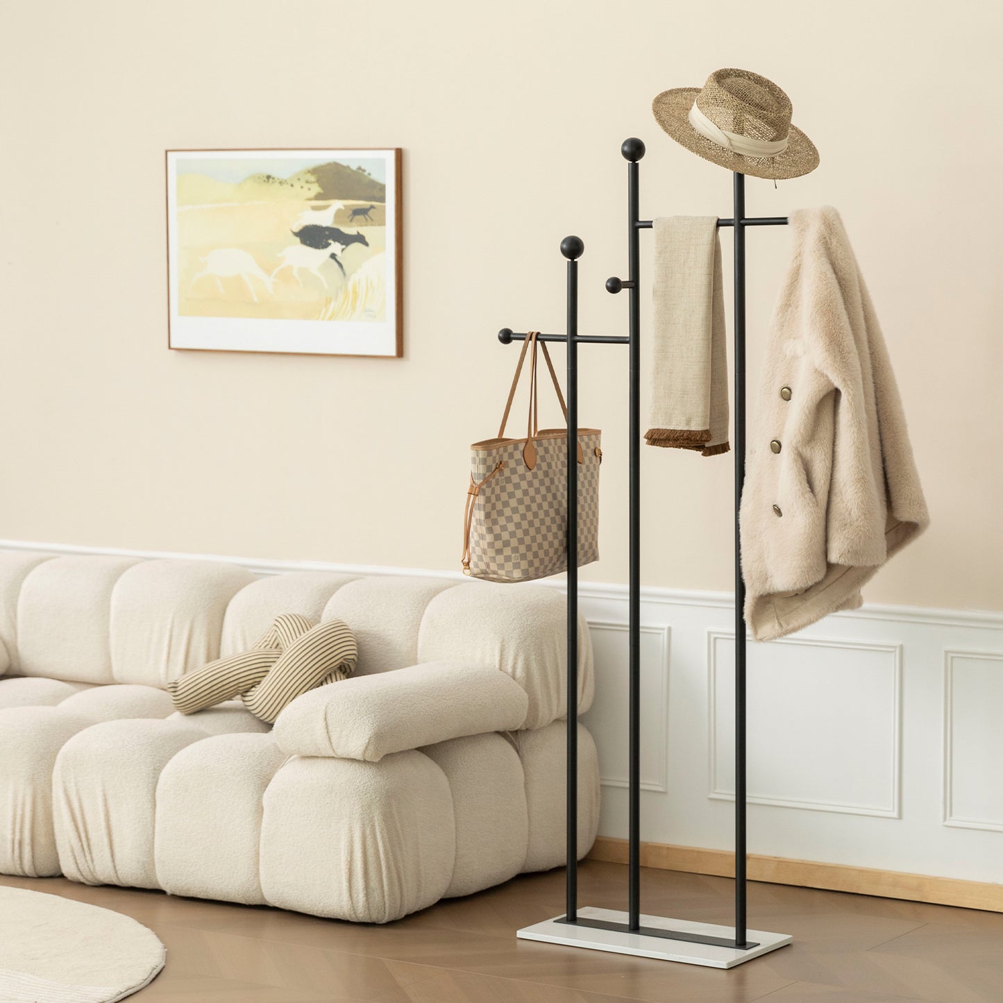 JIAYUEJU Standing Coat Rack with Marble Base Heavy Duty Clothes Hanger Rack Metal Coat Tree Hat Rack Stand for Clothes Hats Scarfs Purses 19.69 x 11.02 x 68.9 Inches