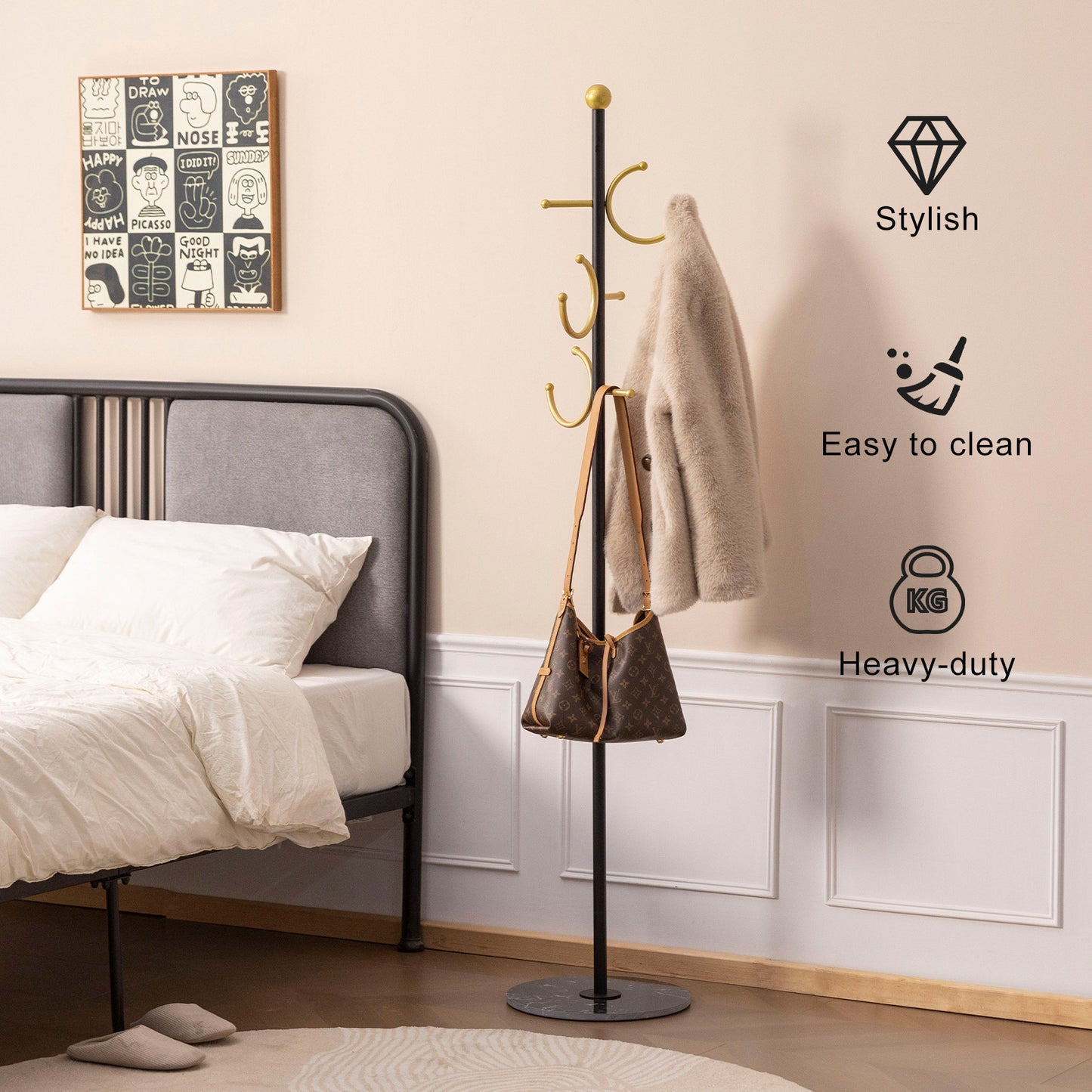 JIAYUEJU Metal Coat Rack Freestanding Corner Coat Rack with Round Marble Base & Earring Hooks Clothes Rack for Clothes Hats Scarfs Bags 13.78x13.78x67.72 in