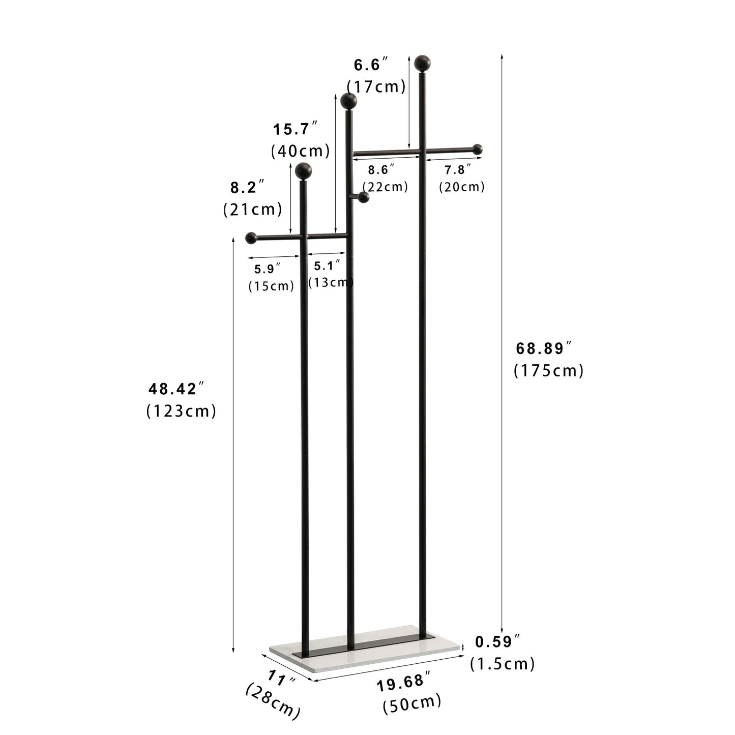 JIAYUEJU Standing Coat Rack with Marble Base Heavy Duty Clothes Hanger Rack Metal Coat Tree Hat Rack Stand for Clothes Hats Scarfs Purses 19.69 x 11.02 x 68.9 Inches